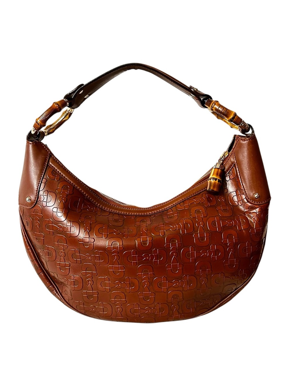 Gucci Rich Brown Horsebit Embossed Leather Shoulder Hobo Bag Bamboo-Ring Detail - Picture 7 of 17